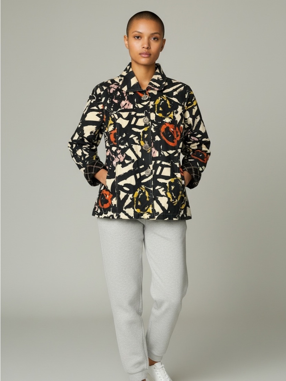 Yak Magik Abstract Brushstroke Print Women's Jean Jacket in Black & Cream M
